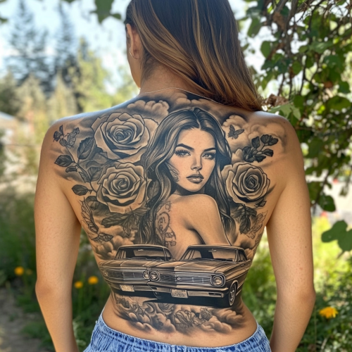 A Tattoo of an Aztec Princess with Classic Cars