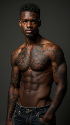 A Tattooed, Shirtless Man with Mysterious Aura