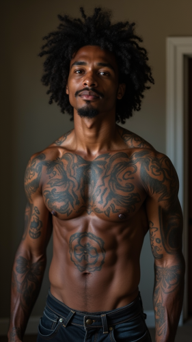 A Tattooed Man with Curly Hair and Dark Skin