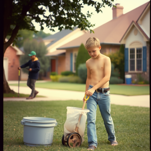 A Teenager Working in Summer Yard, 1980s Suburb