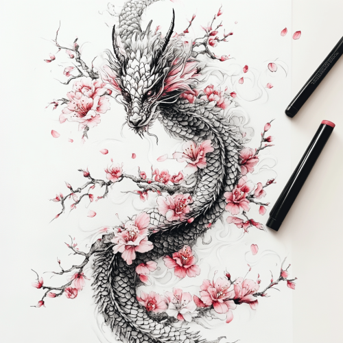 A Thin Dragon Surrounded by Sakura Flowers