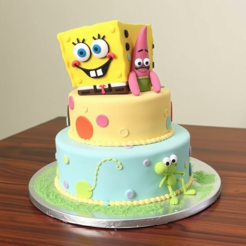 A Three-Tier SpongeBob Themed Cake
