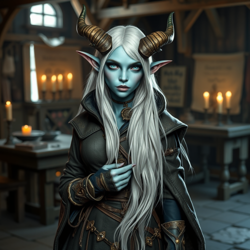 A Tiefling Artificer in Her Candlelit Workshop