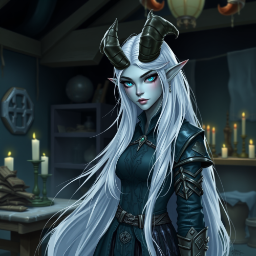 A Tiefling Artificer in Her Candlelit Workshop