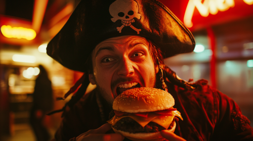 A Tired Drunk Pirate Enjoying a Late-Night Burger