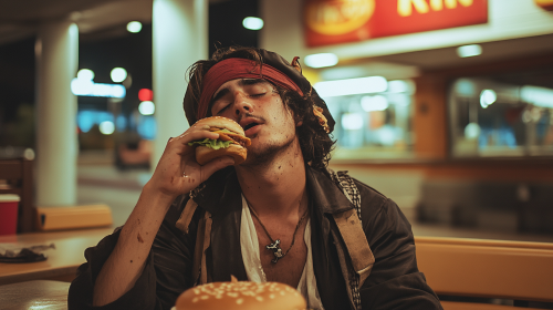 A Tired Pirate Enjoying Late-Night Burger King Feast