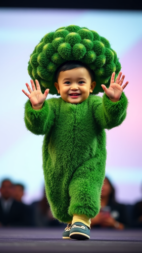 A Toddler in Broccoli Costume Waving on Stage