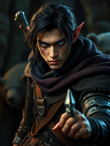 A Tough Male Elf Rogue Thief in Stealth Pose