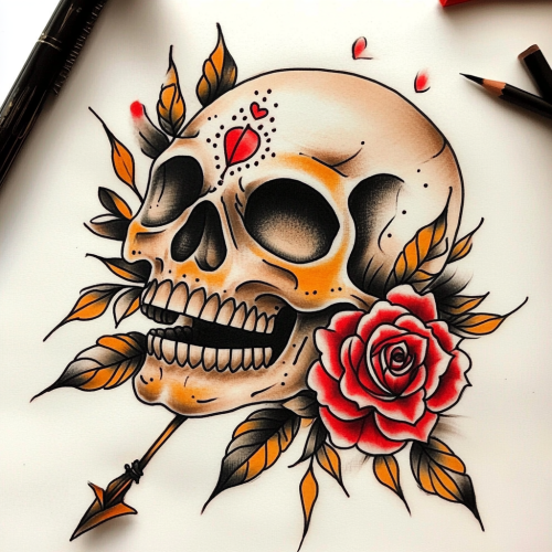A Traditional Skull Tattoo with Rose and Dagger