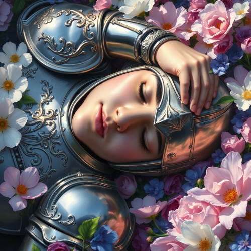 A Tranquil Knight Resting Amidst Vibrant Flowers