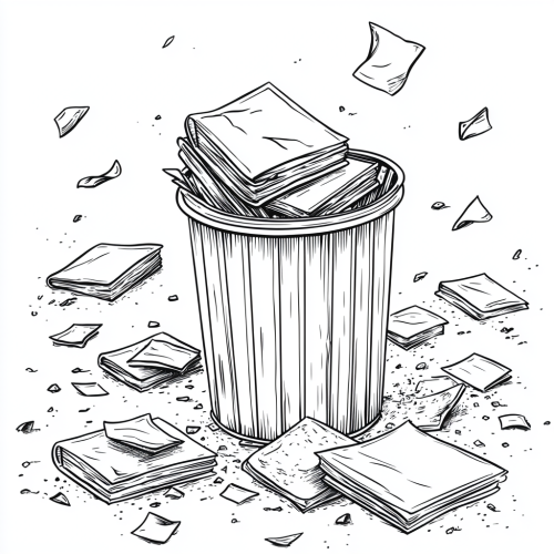 A Trash Can Surrounded by Books and Litter