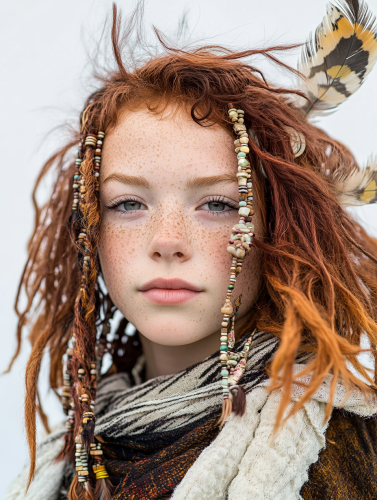 A Tribal Girl with Beads and Feathers in Hair