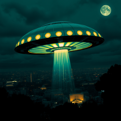 A UFO flying in the night sky.