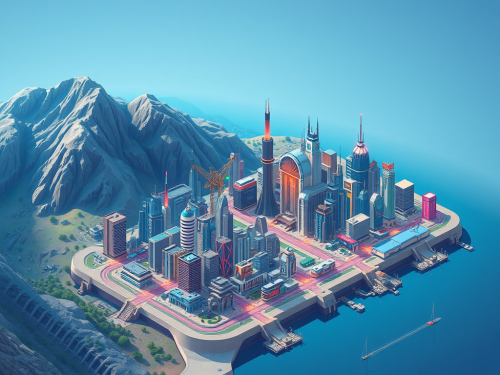 A Vibrant Cyberpunk City by a Mountainous Lake