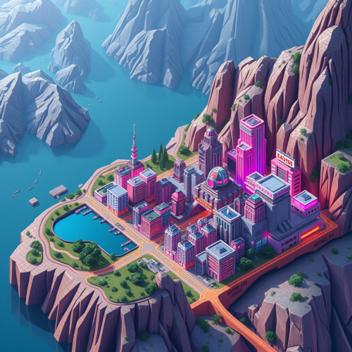A Vibrant Isometric Cyberpunk City by the Lake