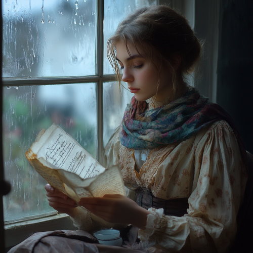 A Victorian girl reading a letter by window