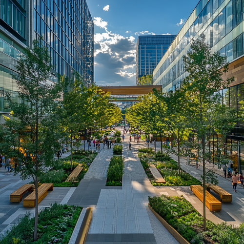 A View of Modern Downtown Garden with Trees and Benches