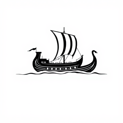 A Viking longship in black and white silhouette.