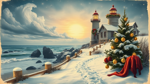 A Vintage Christmas Postcard with Snowy Lighthouse