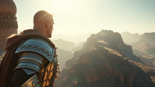 A Warrior Overlooking Mountain Terrain with Bible