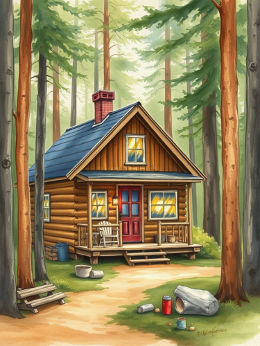 A Watercolor Painting of Forest Cottage