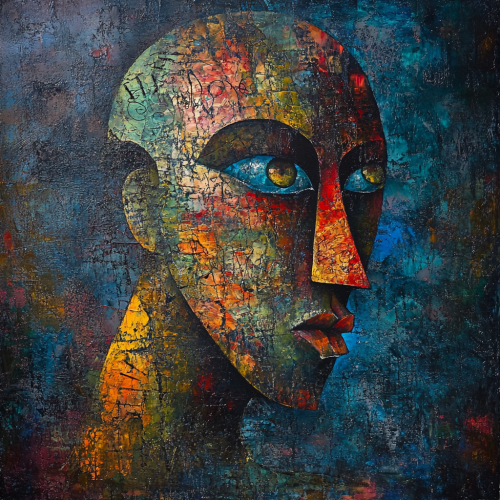 A Weird 3D Head Emerging from Colorful Liquid