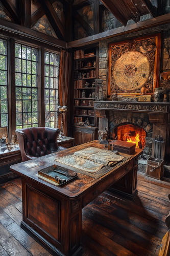 A Western Gothic themed study with ancient relics displayed.