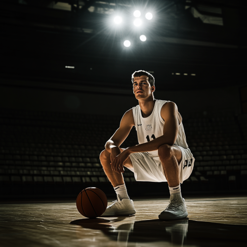 A White Basketball Player Poses in Dark Stadium