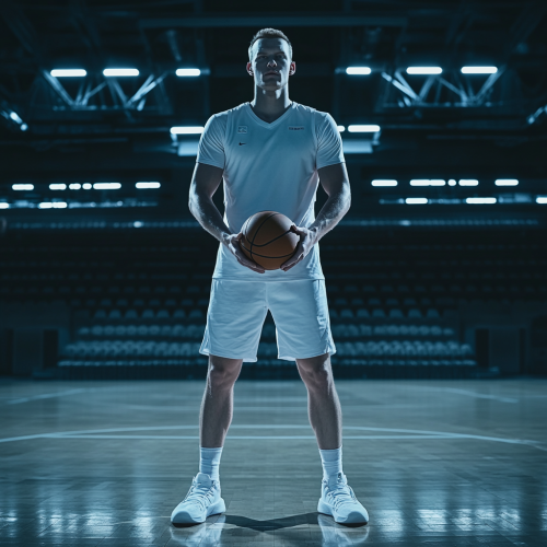 A White Basketball Player Poses with Ball in Stadium