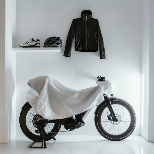 A White Room with Electric Bike and Winter Gear