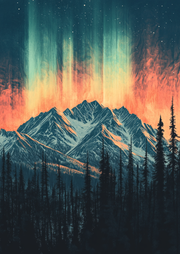 A Winter Forest with Snowy Mountains and Northern Lights