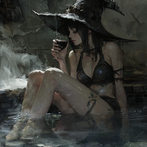 A Witch Relaxing by Dark Pool with Mimosa