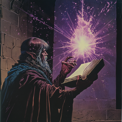 A Wizard Opens Enchanted Book, Shielding Eyes
