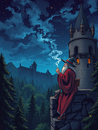 A Wizard Smoking on Castle Wall Under Starlight