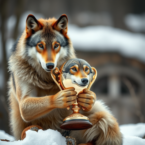 A Wolf Holding Trophy and Relaxing