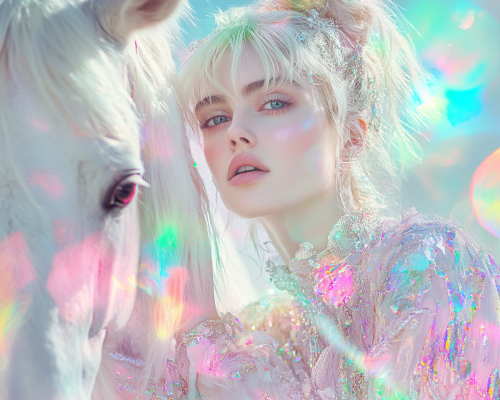A Woman Daydreaming on Horse: Neon Pastel Digital Art