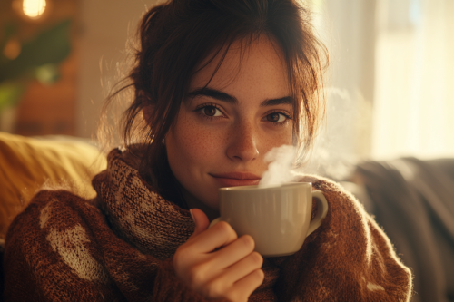 A Woman Enjoying Coffee in Cozy Home