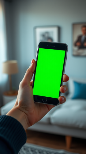A Woman Holding a Phone with Green Screen