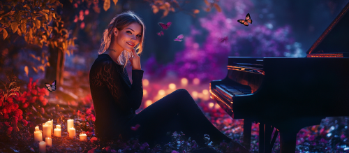 A Woman Sitting by Tree with Candle and Butterfly in Forest Night