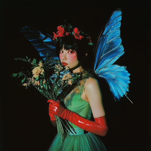 A Woman in Green Dress with Blue Butterfly Wings