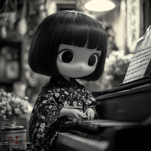 A Woman in Kimono Playing Piano in Horror