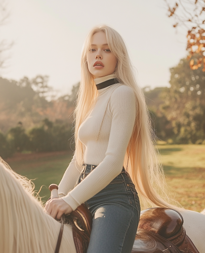 A Woman on Horse in Mansion Garden