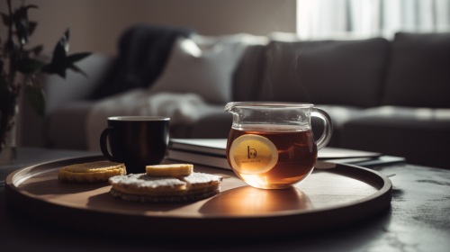 A Wooden Coffee Table with Tea and Sweets