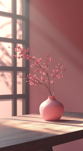 A Wooden Table with Pink Flowers and Vase