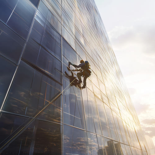 A Worker Cleaning Glass on Skyscraper