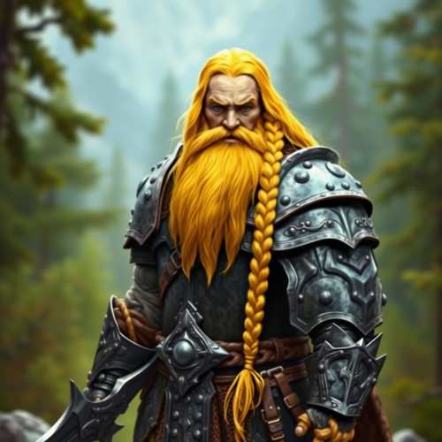 A Yellow-haired Dwarf Warrior in a Forest Valley