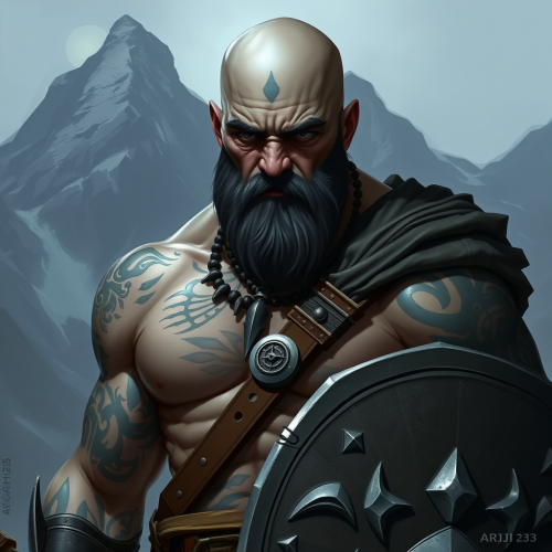 A Young, Bald, Goliath Warrior in Mountains