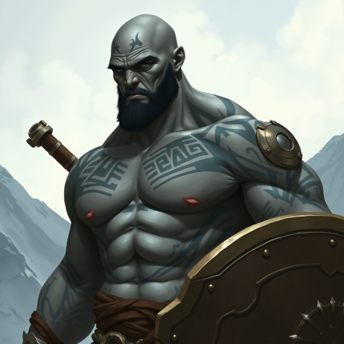 A Young, Bald Barbarian Against a Mountain Background