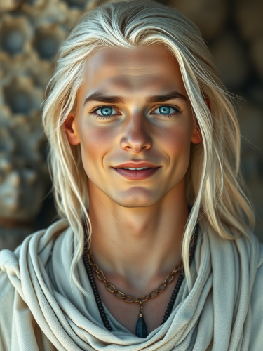 A Young, Peaceful Man with Striking Blue Eyes