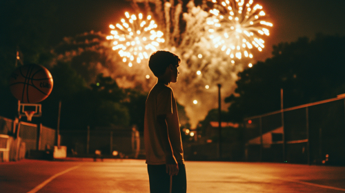 A Young Basketball Player Celebrates Victory at Night A Young Basketball Player Celebrates Victory at Night